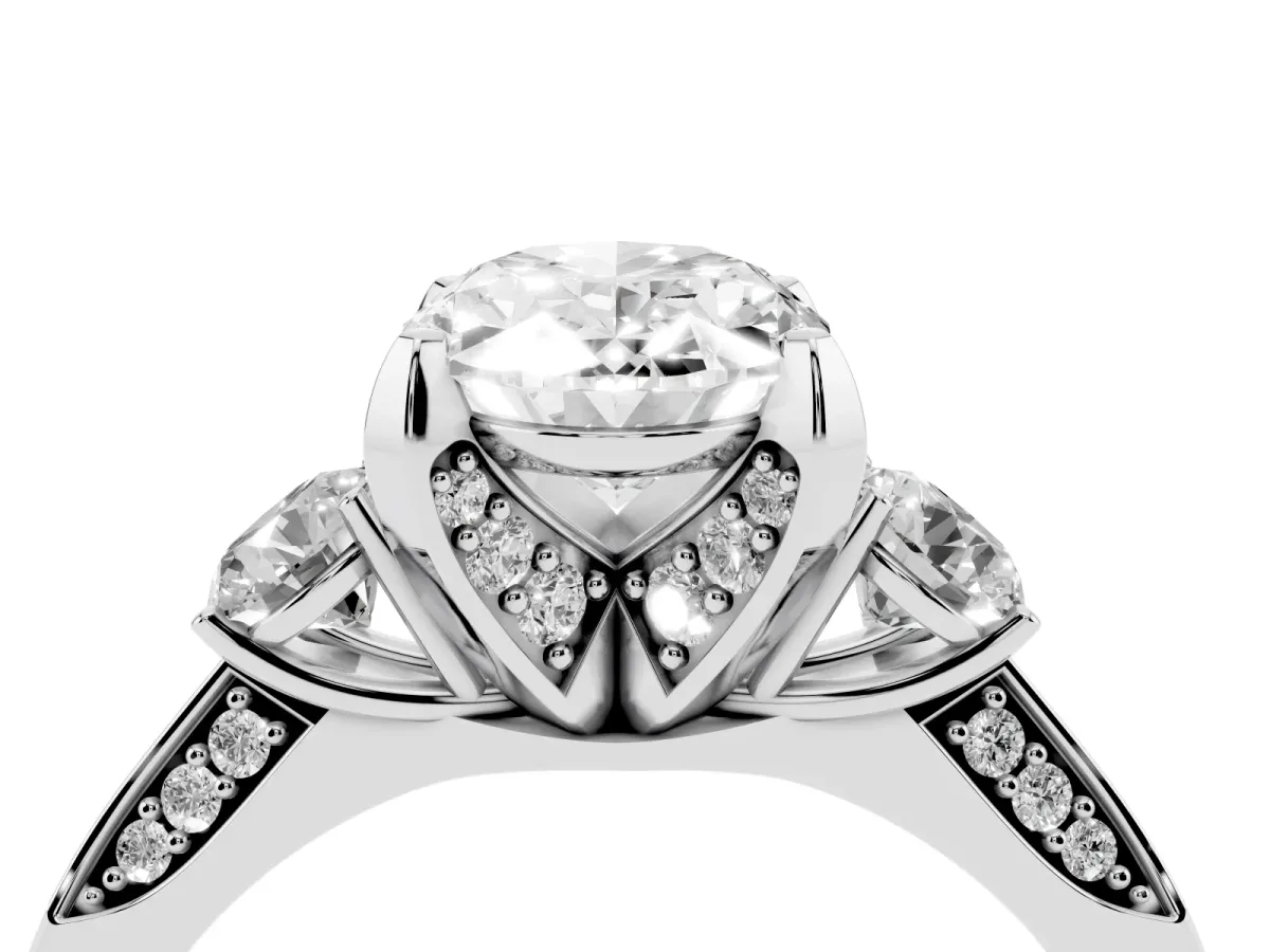 Oval Cut Brilliant Three-Stone Diamond Ring with Pavé Band and Four-Prong Setting Silver