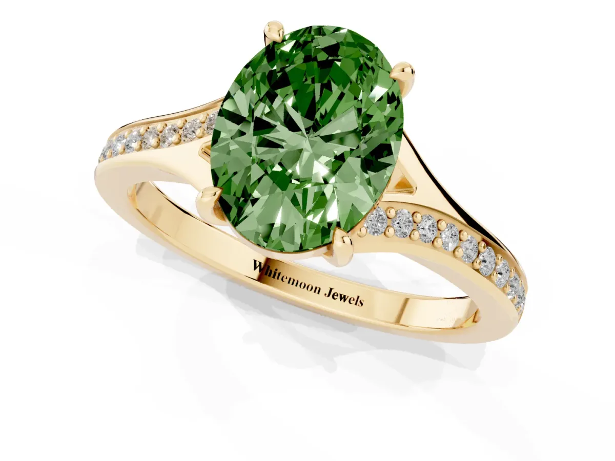 Fancy Green Oval Cut Diamond Solitaire Ring with Pavé Band and Prong Setting Yellow gold