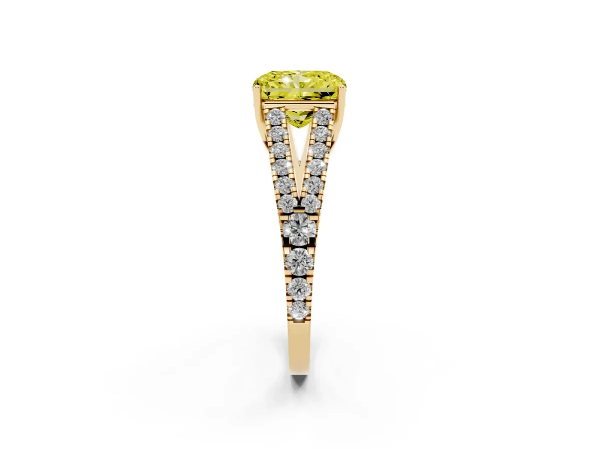 Fancy Yellow Radiant Cut Diamond Split Shank Pavé Engagement Ring with Four-Prong Setting Yellow gold