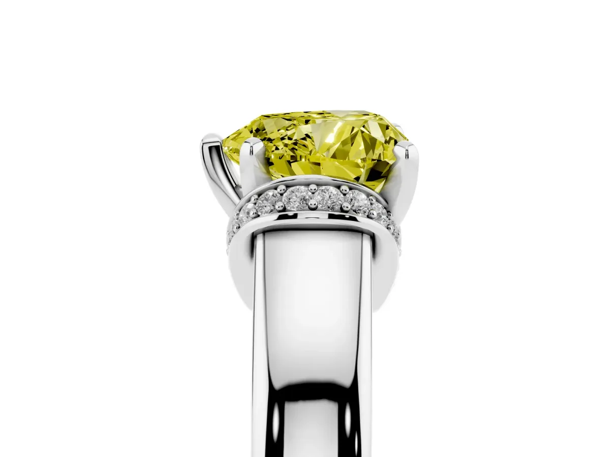 Fancy Yellow Heart Cut Solitaire Diamond Ring with Pave Band and Six-Prong Setting Platinum