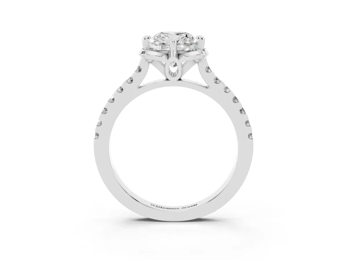 Cushion Cut Diamond Ring with Pavé Band and Floral Prong Setting White gold