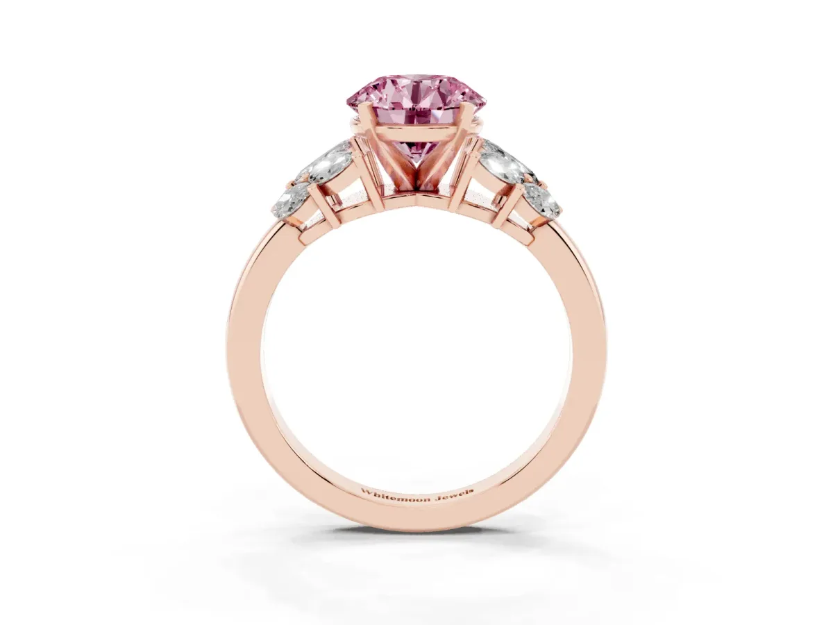 Fancy Pink Round Cut Diamond Cluster Leaf Design Ring with Prong Setting Rose gold