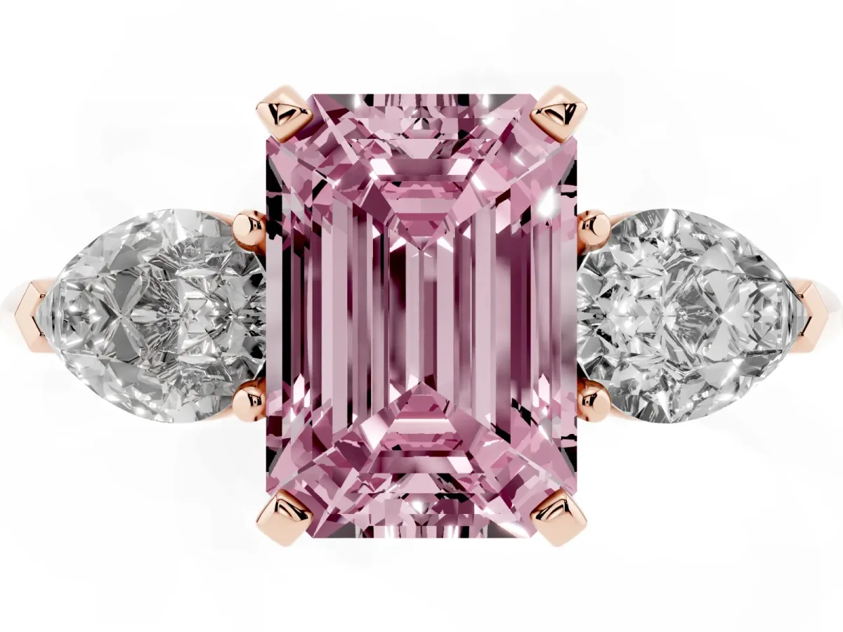 Fancy Pink Three-Stone Emerald Cut Diamond Ring with Pear Side Stones and Four-Prong Setting Rose gold