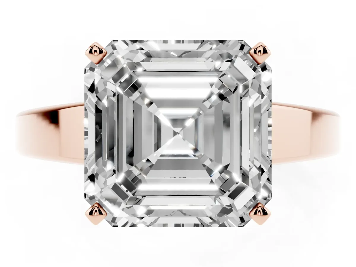 Asscher Cut Solitaire Engagement Ring with Four-Prong Setting and Tapered Band Rose gold