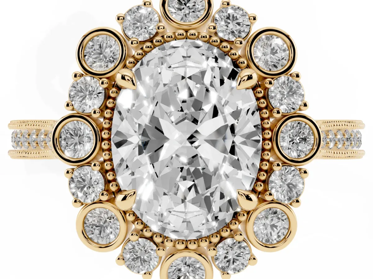 Oval Cut Halo Milgrain Pave Diamond Ring with Four-Prong Setting Yellow gold