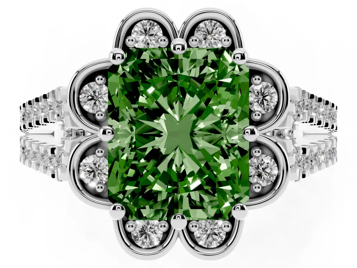 Fancy Green Radiant Cut Halo Diamond Floral Split Shank Engagement Ring Silver