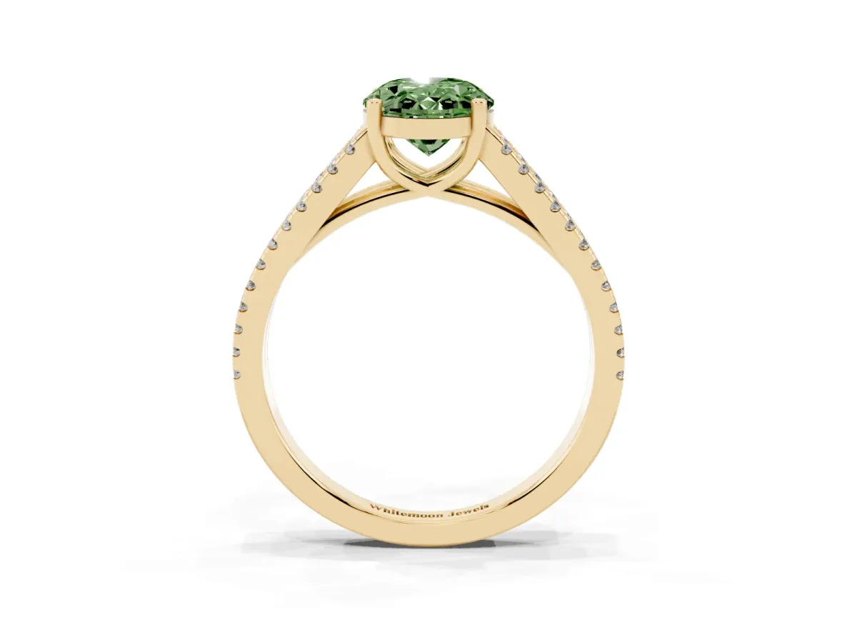 Fancy Green Oval Cut Diamond Solitaire Engagement Ring with Split Shank Pavé Band Yellow gold