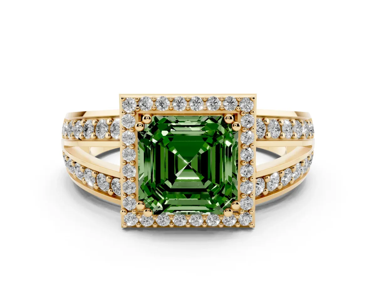 Fancy Green Asscher Cut Diamond Halo Ring with Split Shank Pavé Band and Four-Prong Setting Yellow gold