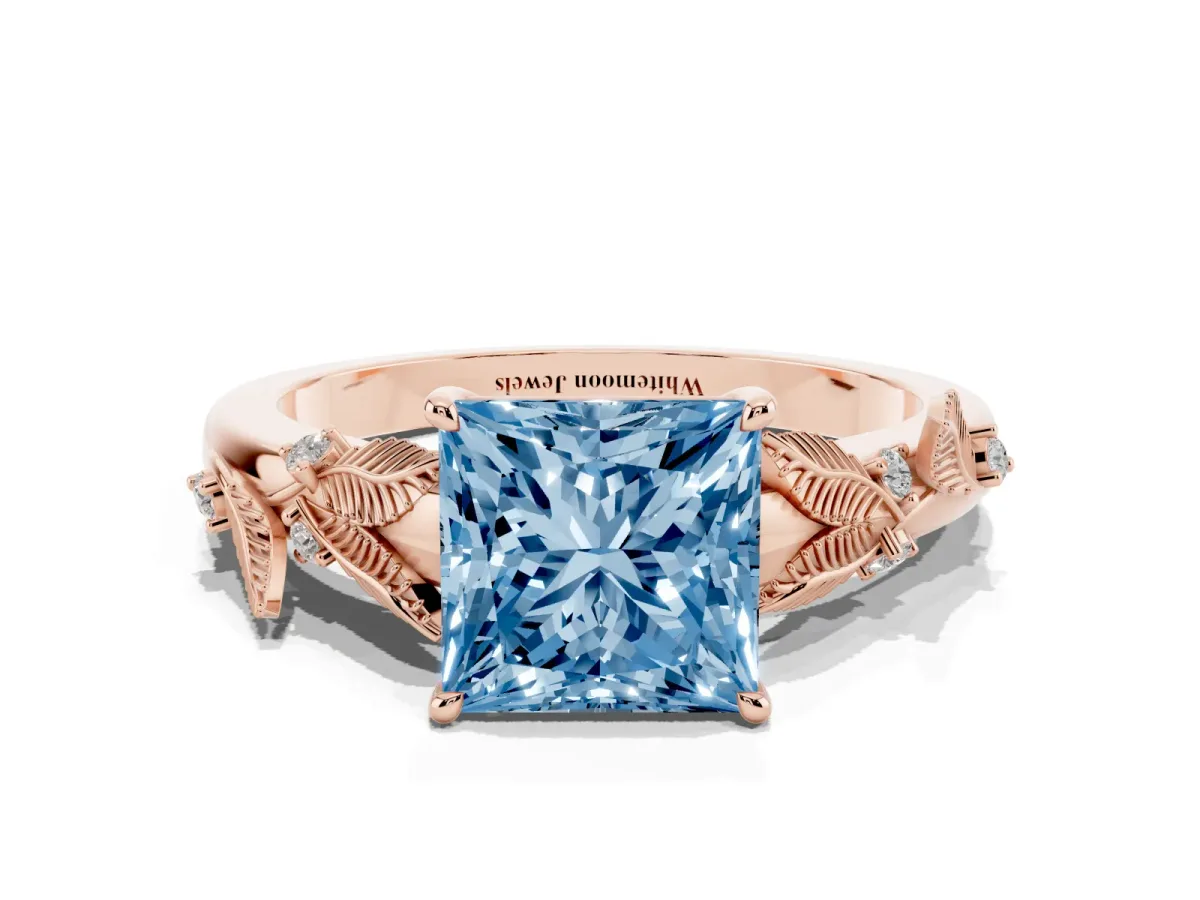 Fancy Blue Princess Cut Diamond Solitaire Ring with Leaf Motif Band and Four-Prong Setting Rose gold