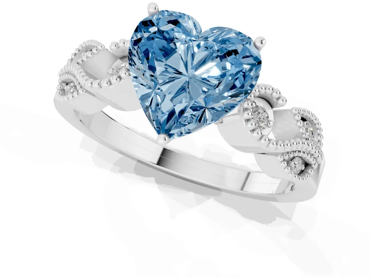 Fancy Blue Heart Cut Solitaire Milgrain Leaf Band with Prong Setting Silver