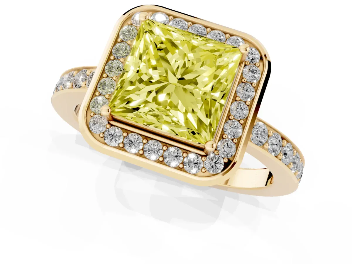 Fancy Yellow Princess Cut Diamond Halo Ring with Bezel Frame and Pavé Band Yellow gold