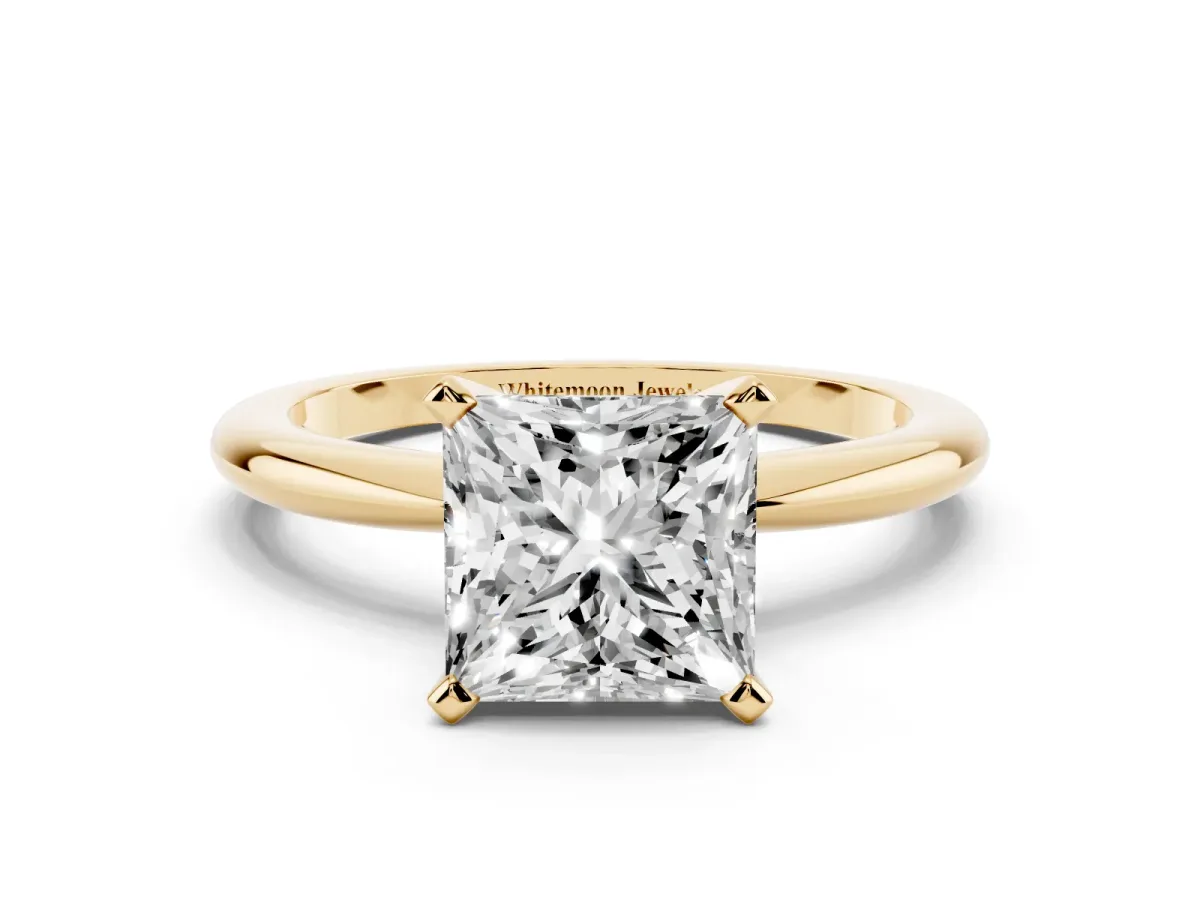 Princess Cut Diamond Solitaire Ring with Prong Setting and Classic Band Yellow gold
