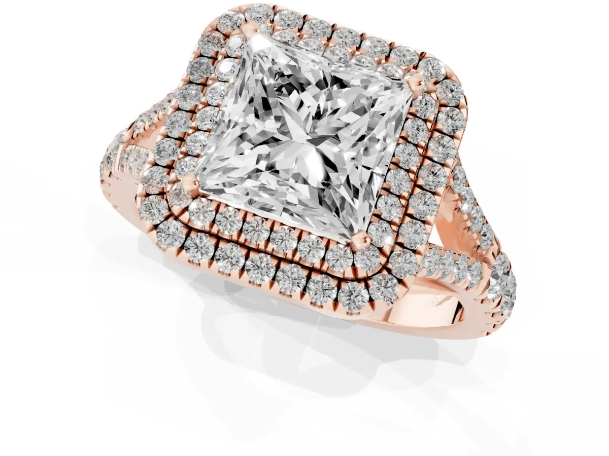 Double Halo Princess Cut Diamond Split Shank Engagement Ring with Four-Prong Setting Rose gold