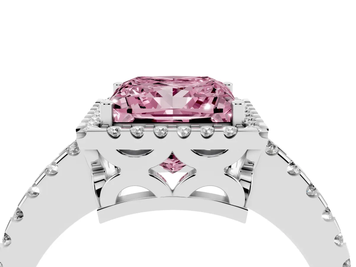 Fancy Pink Princess Cut Diamond Halo Engagement Ring with Pavé Band and Prong Setting Silver