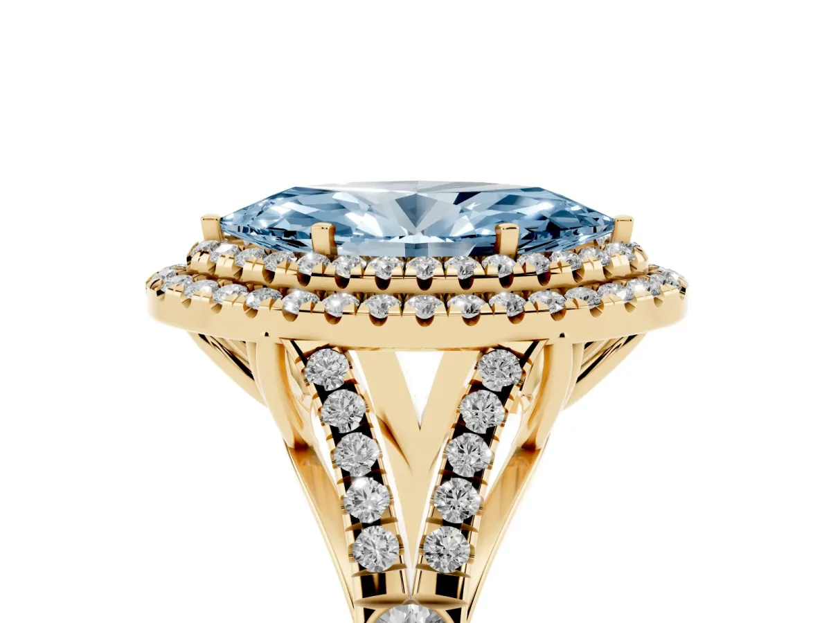 Fancy Blue Double Halo Marquise Cut Diamond Split Shank Engagement Ring with Four-Prong Setting Yellow gold