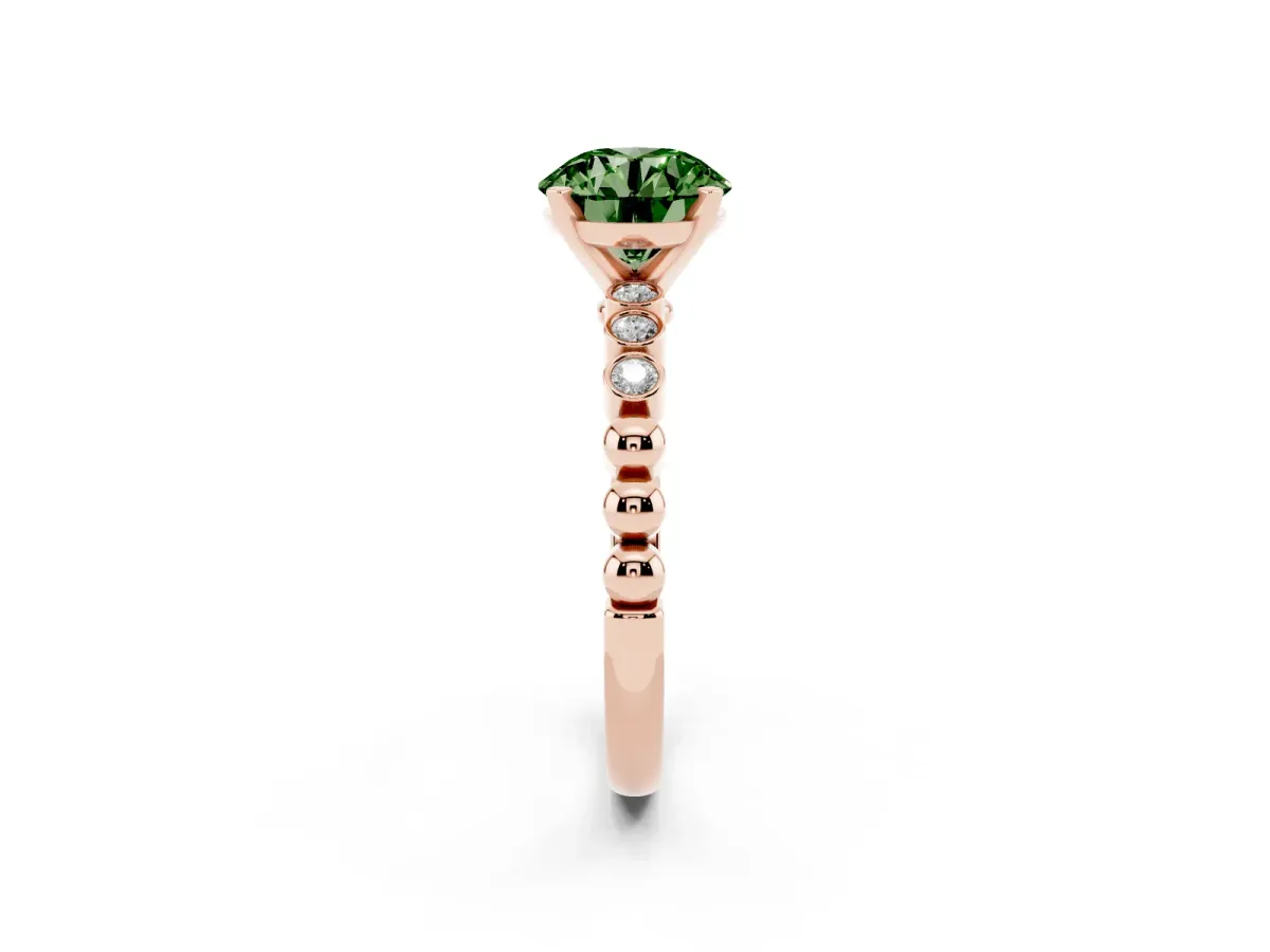 Fancy Green Round Cut Solitaire Bezel Accent Diamond Engagement Ring with Beaded Band and Four-Prong Setting Rose gold