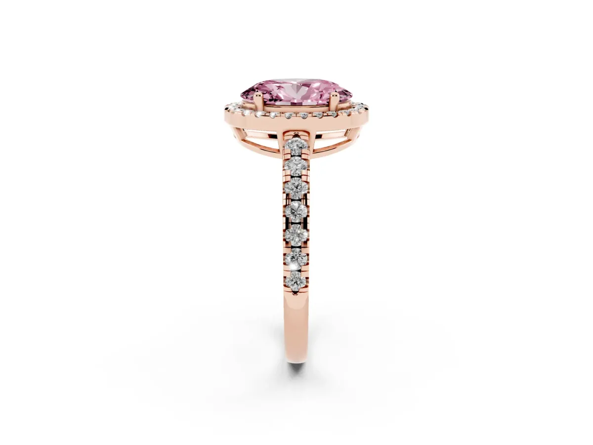 Fancy Pink Oval Cut Diamond Halo Ring with Pavé Band and Four-Prong Setting Rose gold