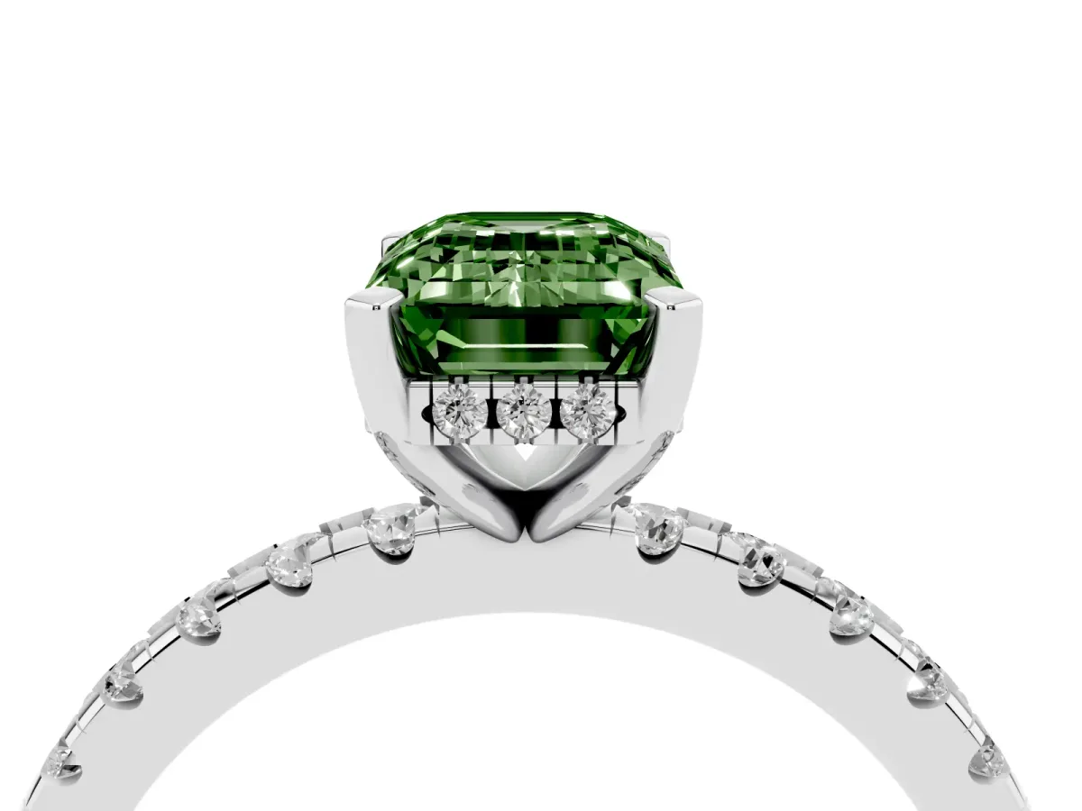 Fancy Green Emerald Cut Diamond Solitaire Ring with Round Pavé Band and Four-Prong Setting Silver