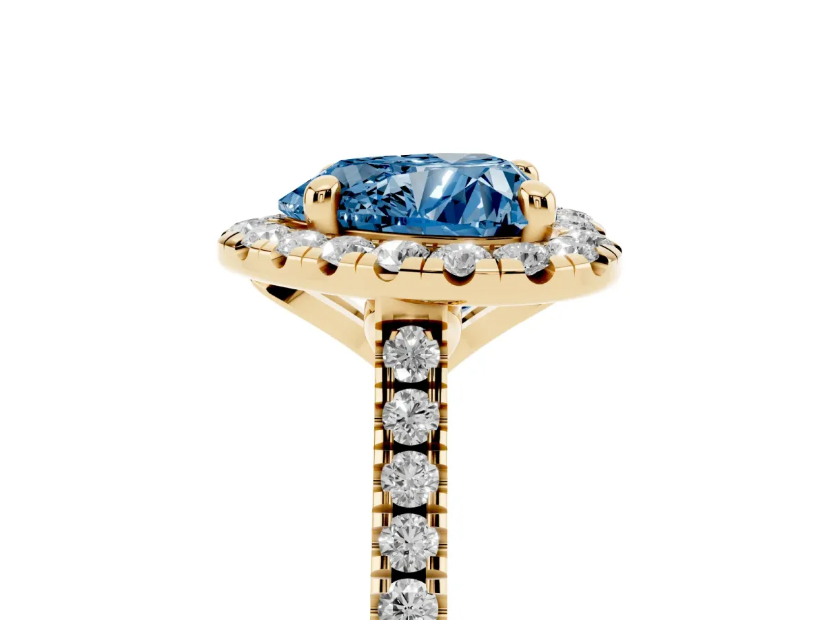 Fancy Blue Heart Cut Diamond Cushion Halo Ring with Pavé Band Yellow gold