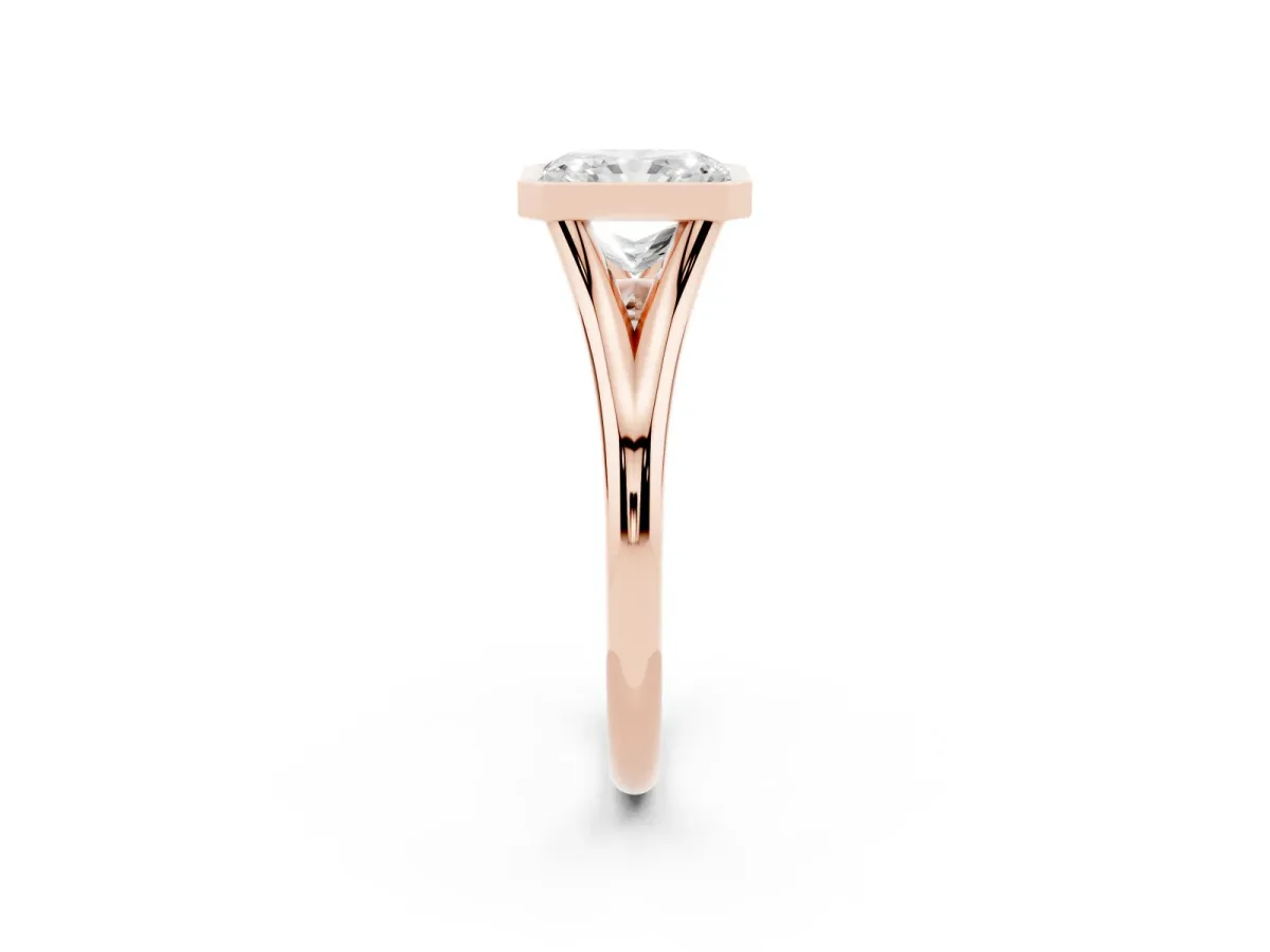 Bezel Set Radiant Cut Cut Solitaire Ring with Tapered Band Rose gold