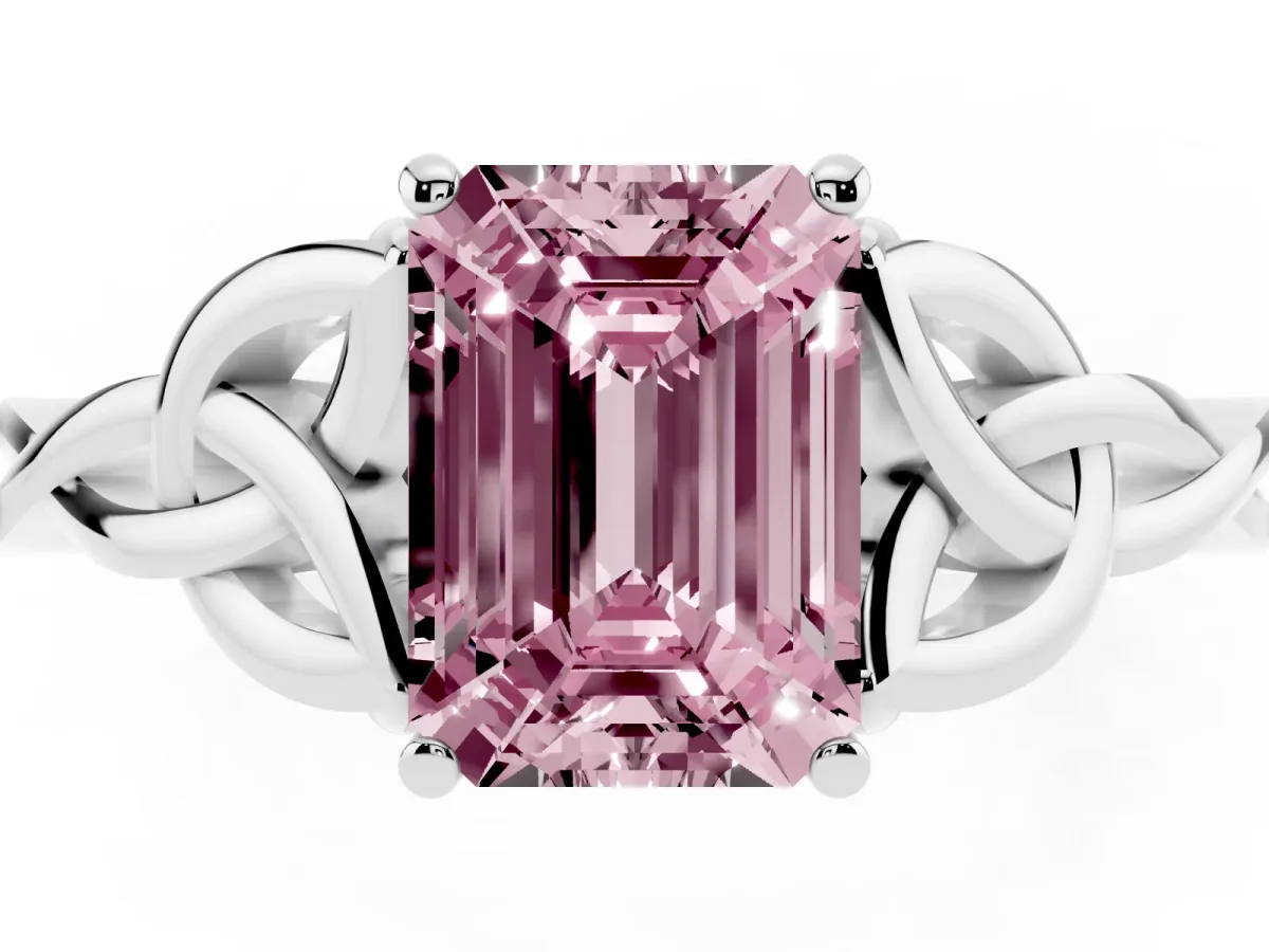 Fancy Pink Emerald Cut Diamond Solitaire Engagement Ring with Celtic Knot Band and Four-Prong Setting Platinum