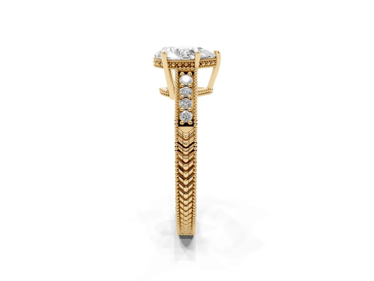 Pear Cut Solitaire Pavé Diamond Milgrain Engagement Ring with Four-Prong Setting Yellow gold