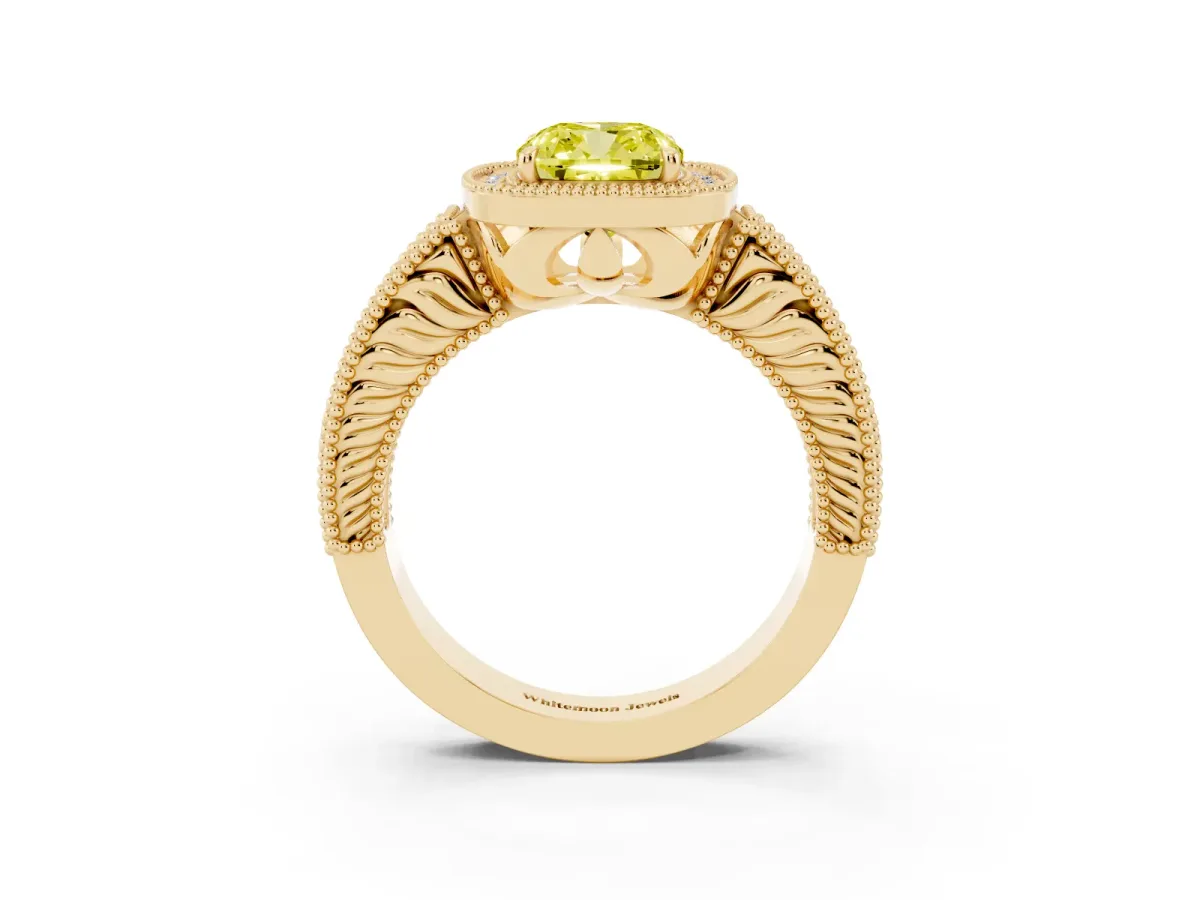 Fancy Yellow Cushion Cut Cut Halo Diamond Ring with Pavé Band and Four-Prong Setting Yellow gold