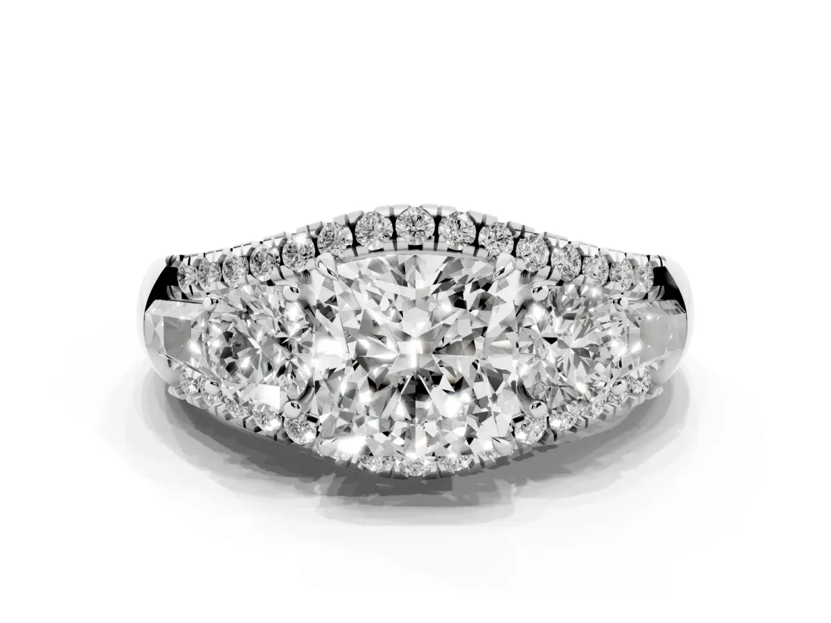 Three-Stone Cushion Cut Diamond Engagement Ring with Pave Band and Prong Setting Silver