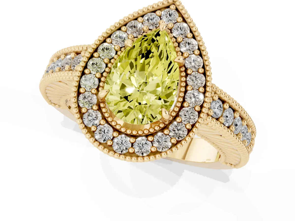 Fancy Yellow Pear Cut Cut Halo Diamond Ring with Pavé Band and Four-Prong Setting Yellow gold