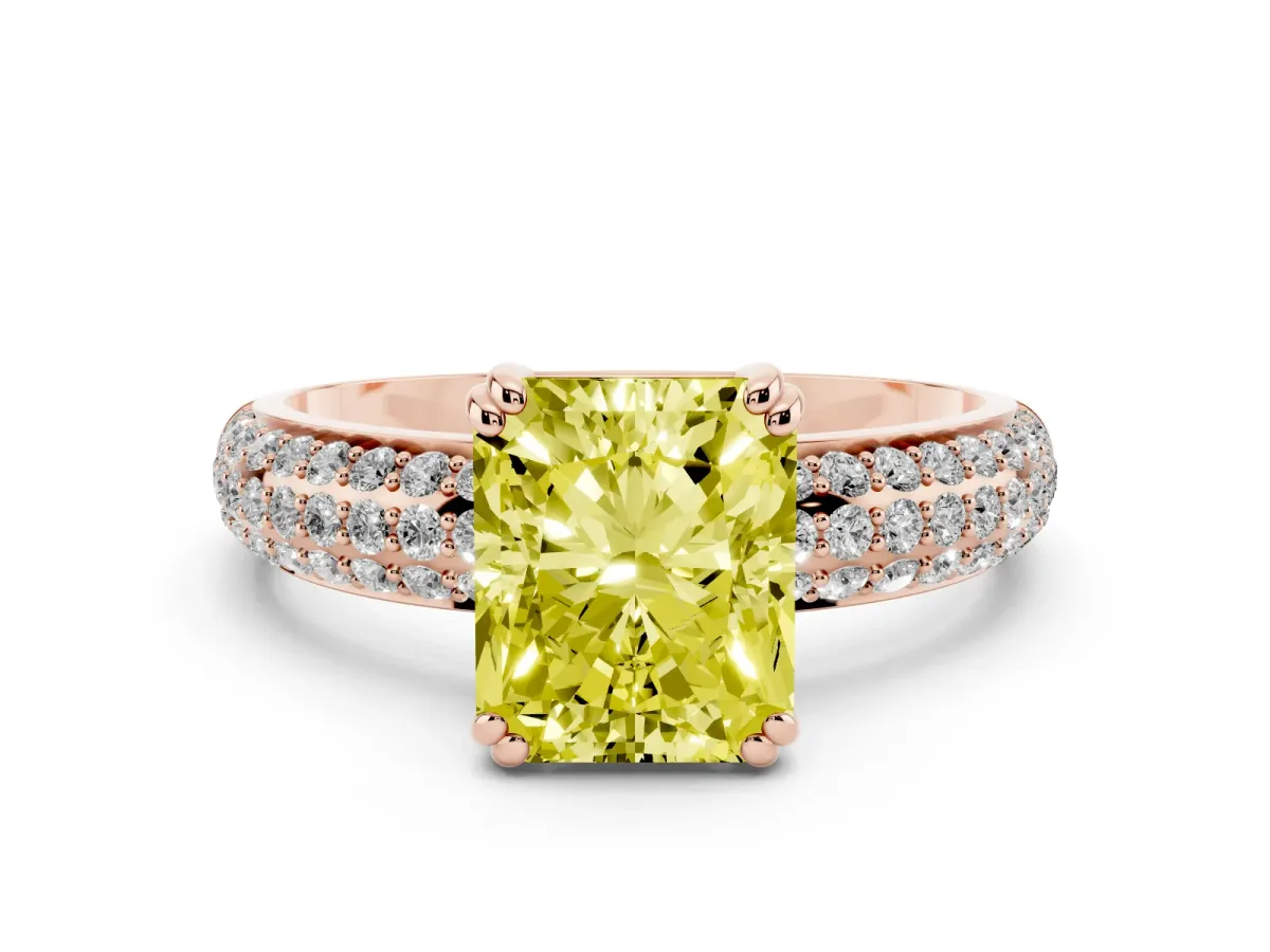 Fancy Yellow Radiant Cut Diamond Solitaire Ring with Multi-Row Round Pavé Band and Prong Setting Rose gold