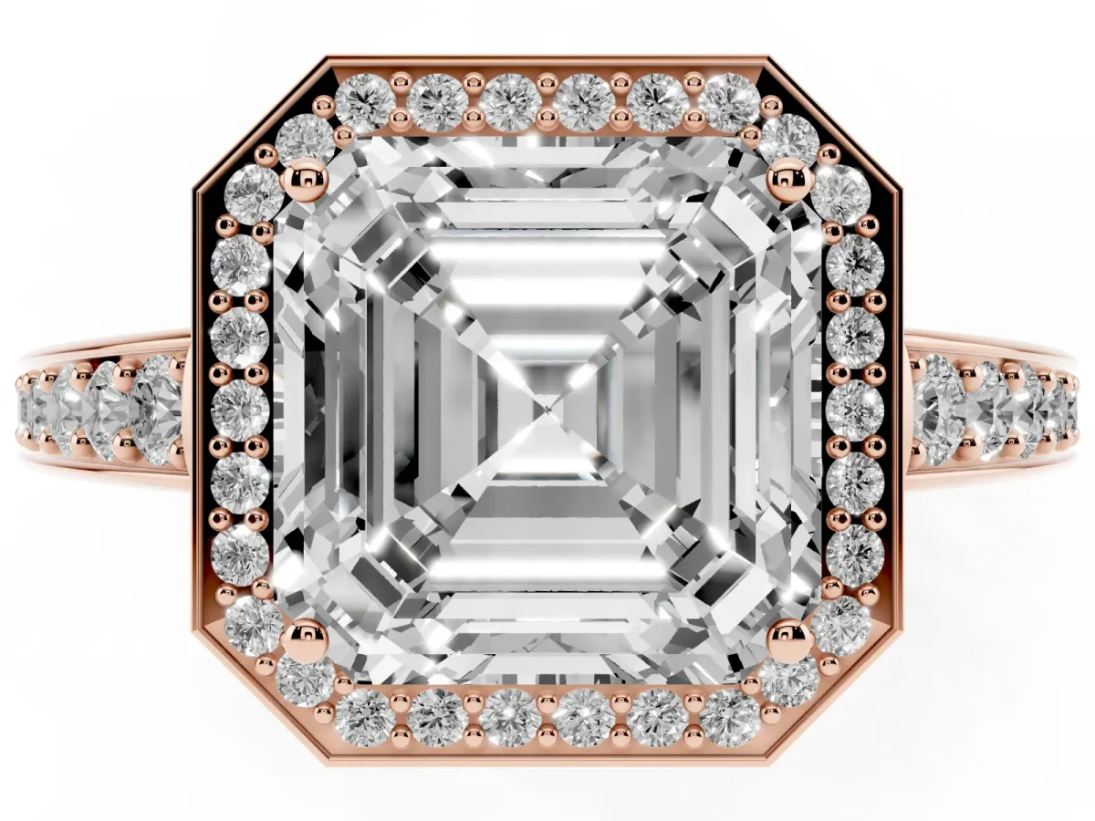 Asscher Cut Halo Pavé Diamond Engagement Ring with Bezel Setting Rose gold