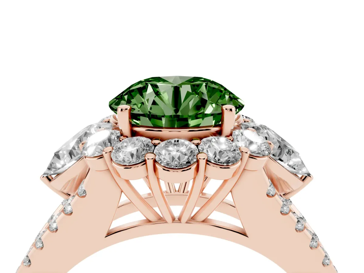 Fancy Green Round Cut Halo Split Shank Diamond Engagement Ring with Prong Setting Rose gold