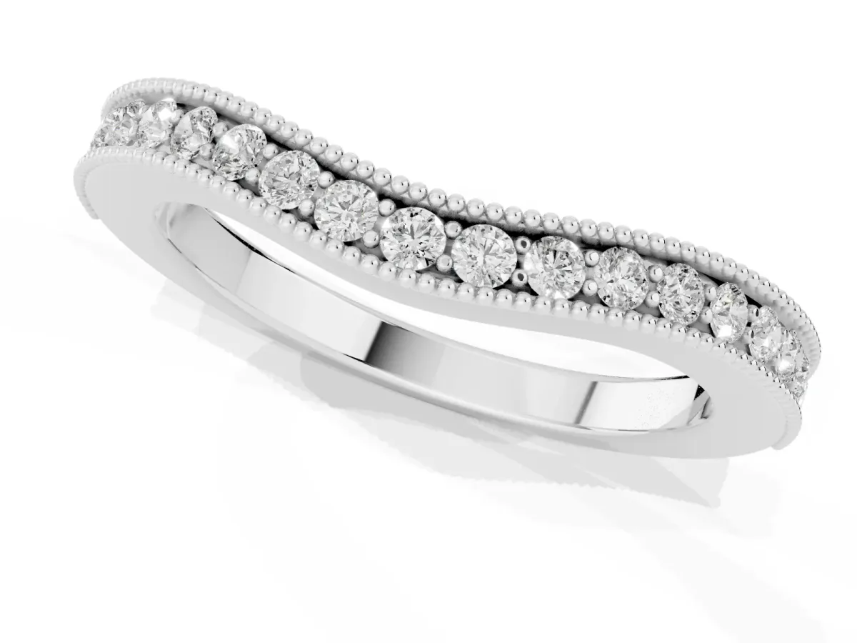 Round Brilliant Milgrain Bezel Set Diamond Wave Band Silver