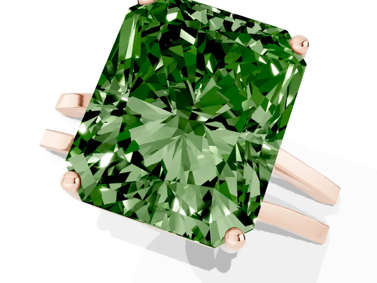 Fancy Green Radiant Cut Cut Diamond Solitaire Engagement Ring with Tapered Plain Band and Four-Prong Setting Rose gold