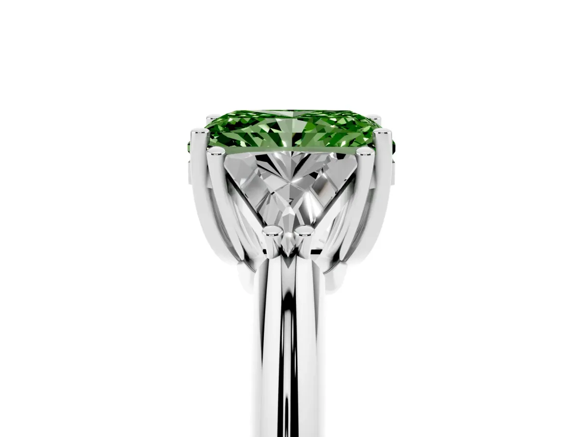 Fancy Green Three-Stone Radiant Cut Diamond Engagement Ring with Trillion Side Stones and Prong Setting Silver