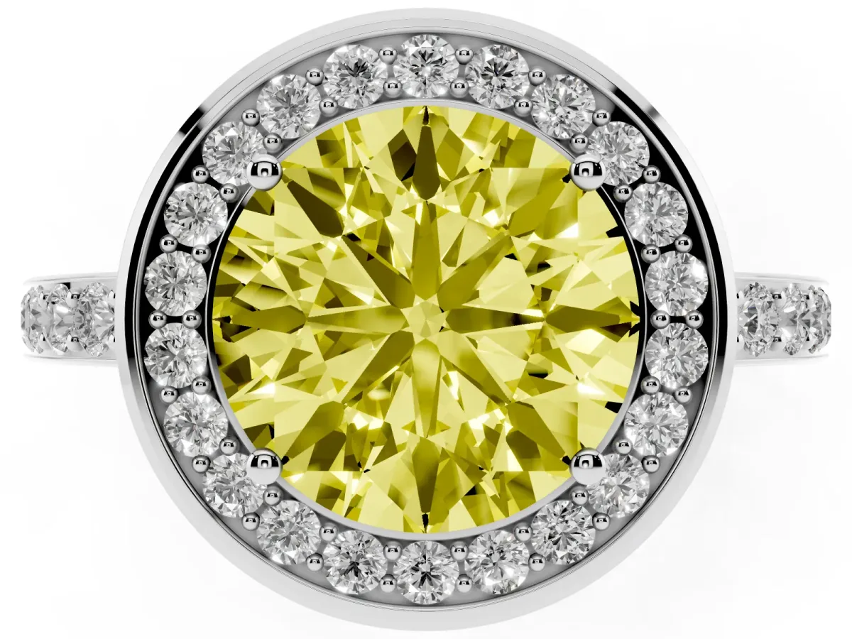 Fancy Yellow Round Cut Diamond Halo Ring with Bezel Frame and Pavé Band Silver