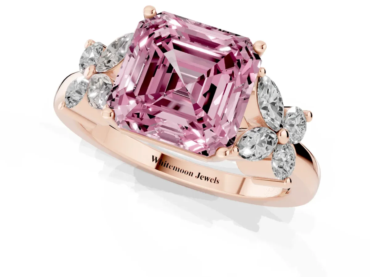 Fancy Pink Asscher Cut Diamond Floral Cluster Ring with Solitaire Band and Prong Setting Rose gold
