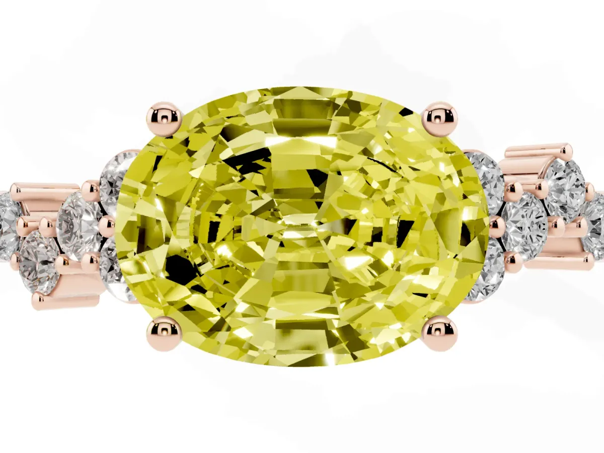 Fancy Yellow Oval Cut Diamond Scattered Round Accent Ring with Prong Setting Rose gold