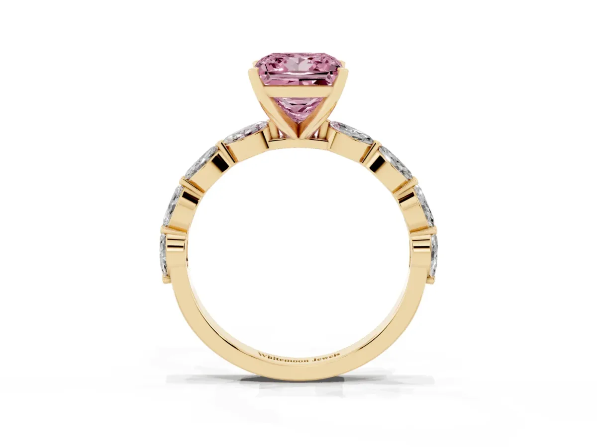 Fancy Pink Princess Cut Diamond Ring with Marquise Side Stones and Prong Setting Yellow gold
