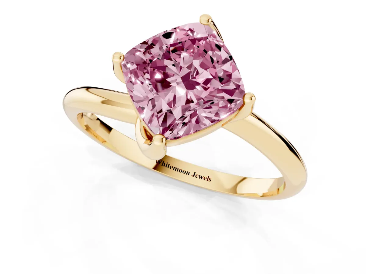 Fancy Pink Cushion Cut Diamond Solitaire Engagement Ring with Four-Prong Setting and Classic Band Yellow gold