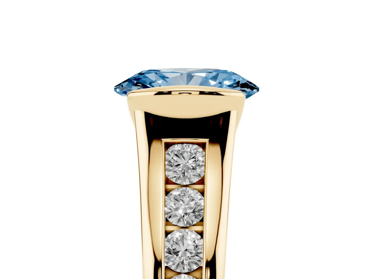 Fancy Blue Oval Cut Solitaire Bezel-Set Diamond Ring with Channel-Set Band Yellow gold