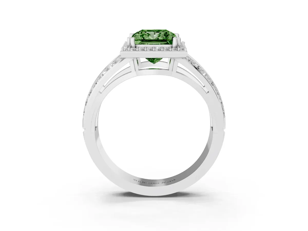 Fancy Green Princess Cut Diamond Halo Ring with Split Shank Pavé Band and Four-Prong Setting Platinum