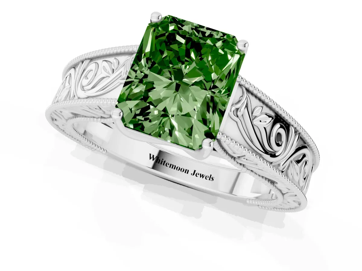 Fancy Green Radiant Cut Diamond Solitaire Ring with Engraved Band and Four-Prong Setting Platinum