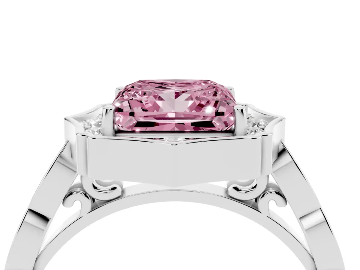 Fancy Pink Princess Cut Halo Diamond Engagement Ring with Milgrain Band and Four-Prong Setting Silver