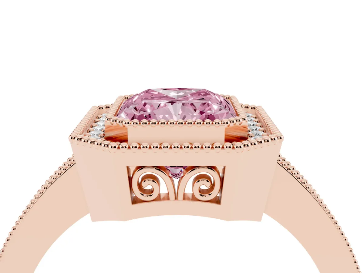 Fancy Pink Radiant Cut Cut Halo Diamond Ring with Pavé Band and Milgrain Prong Setting Rose gold