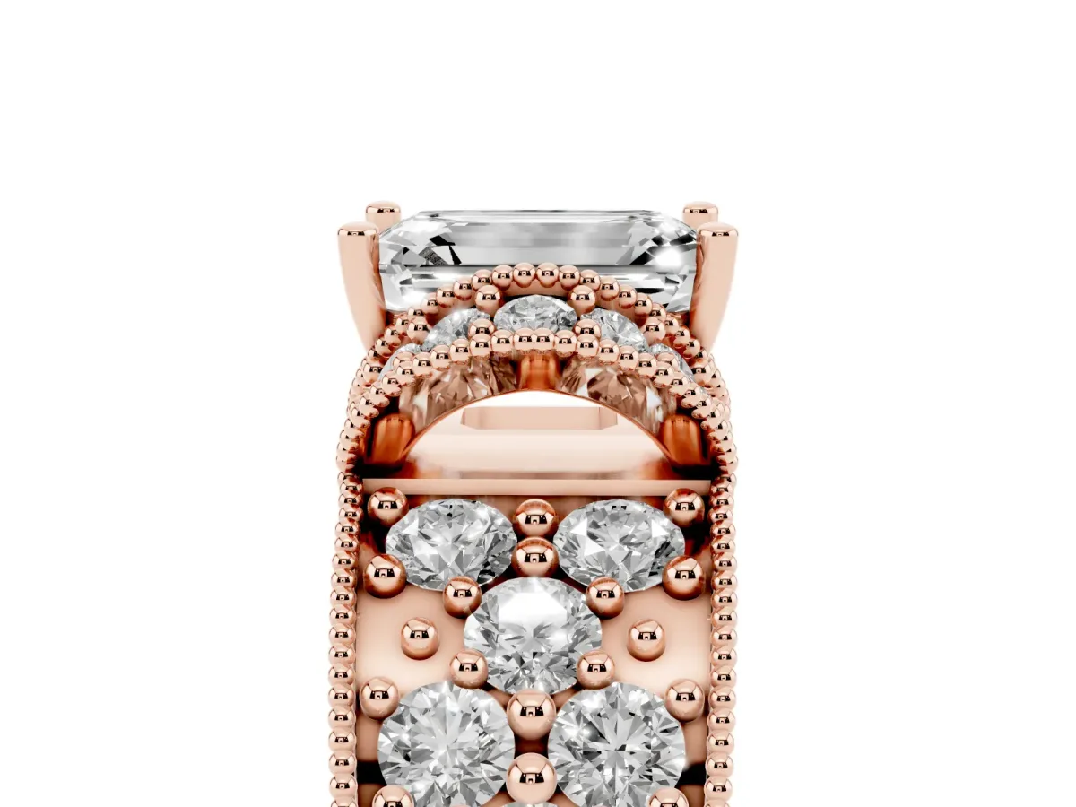 Emerald Cut Halo Pave Diamond Engagement Ring with Milgrain Detailing Rose gold