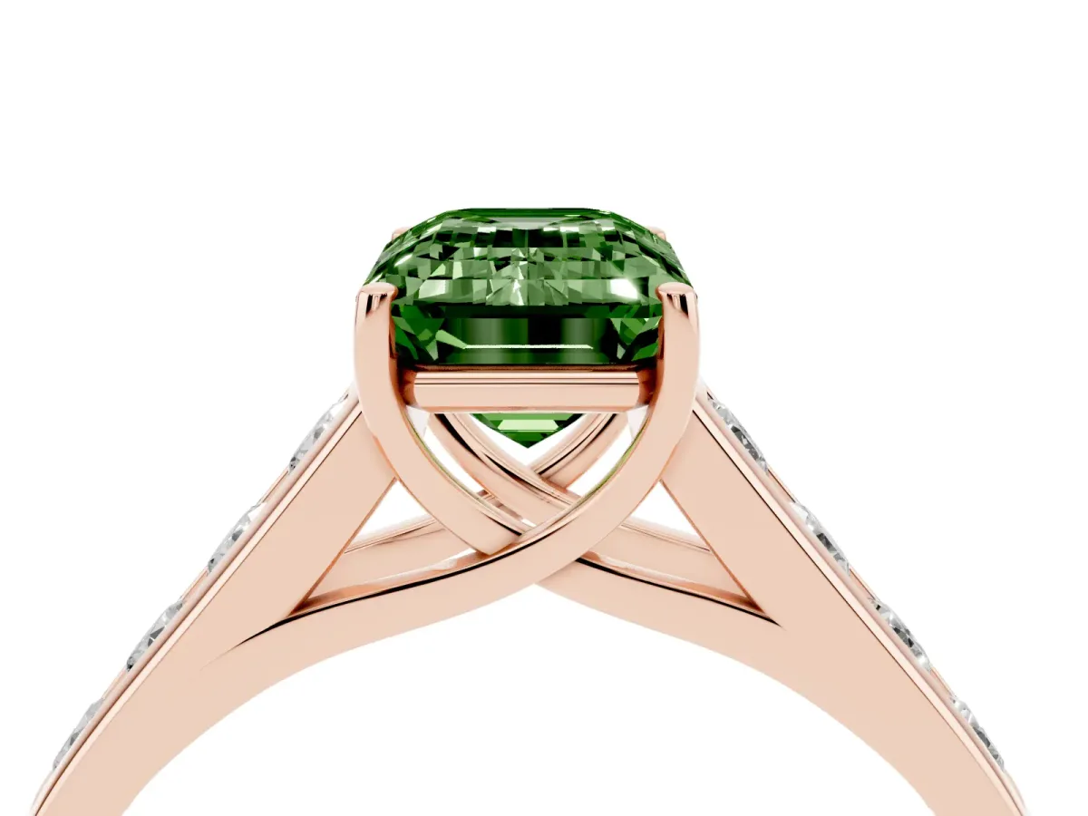 Fancy Green Emerald Cut Solitaire Channel-Set Diamond Engagement Ring with Four-Prong Setting Rose gold