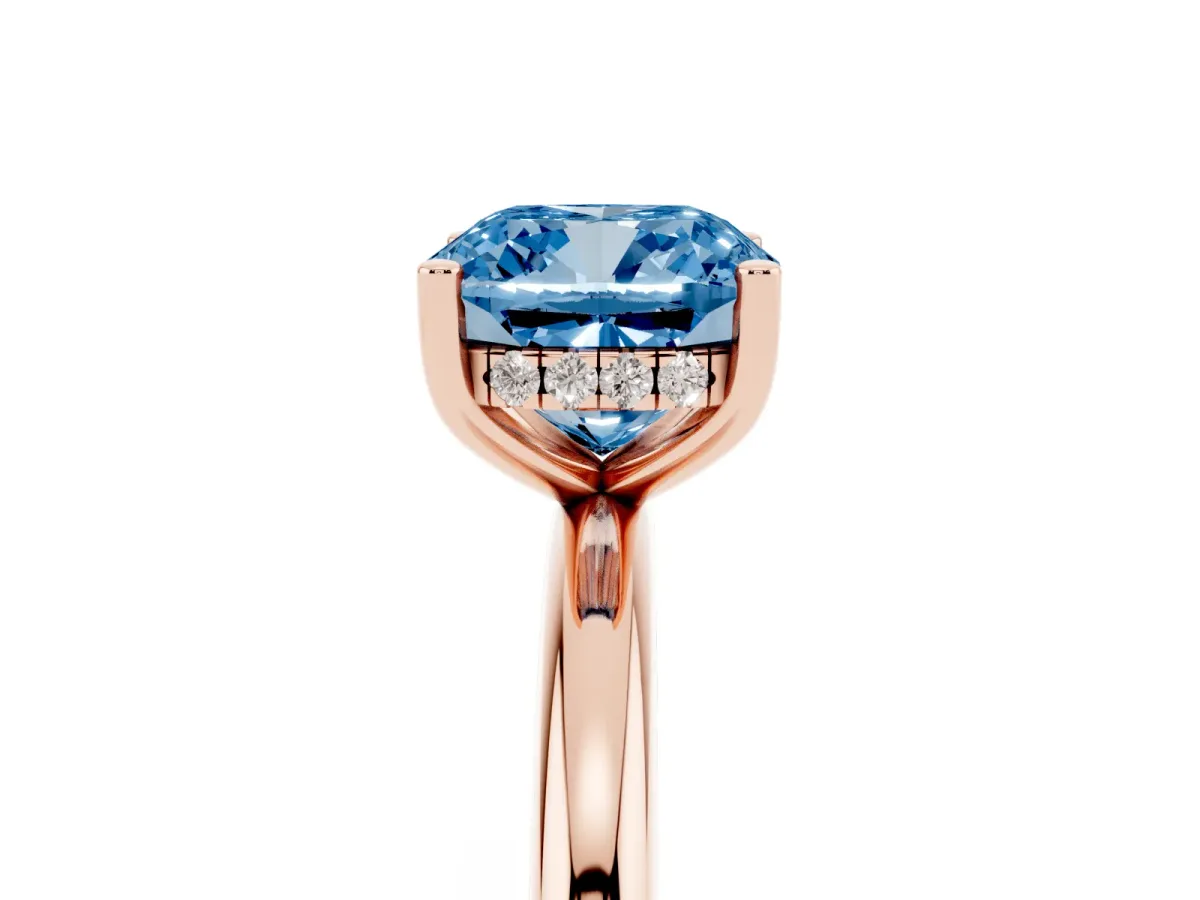 Fancy Blue Cushion Cut Cut Solitaire Engagement Ring with Four-Prong Setting and Classic Band Rose gold