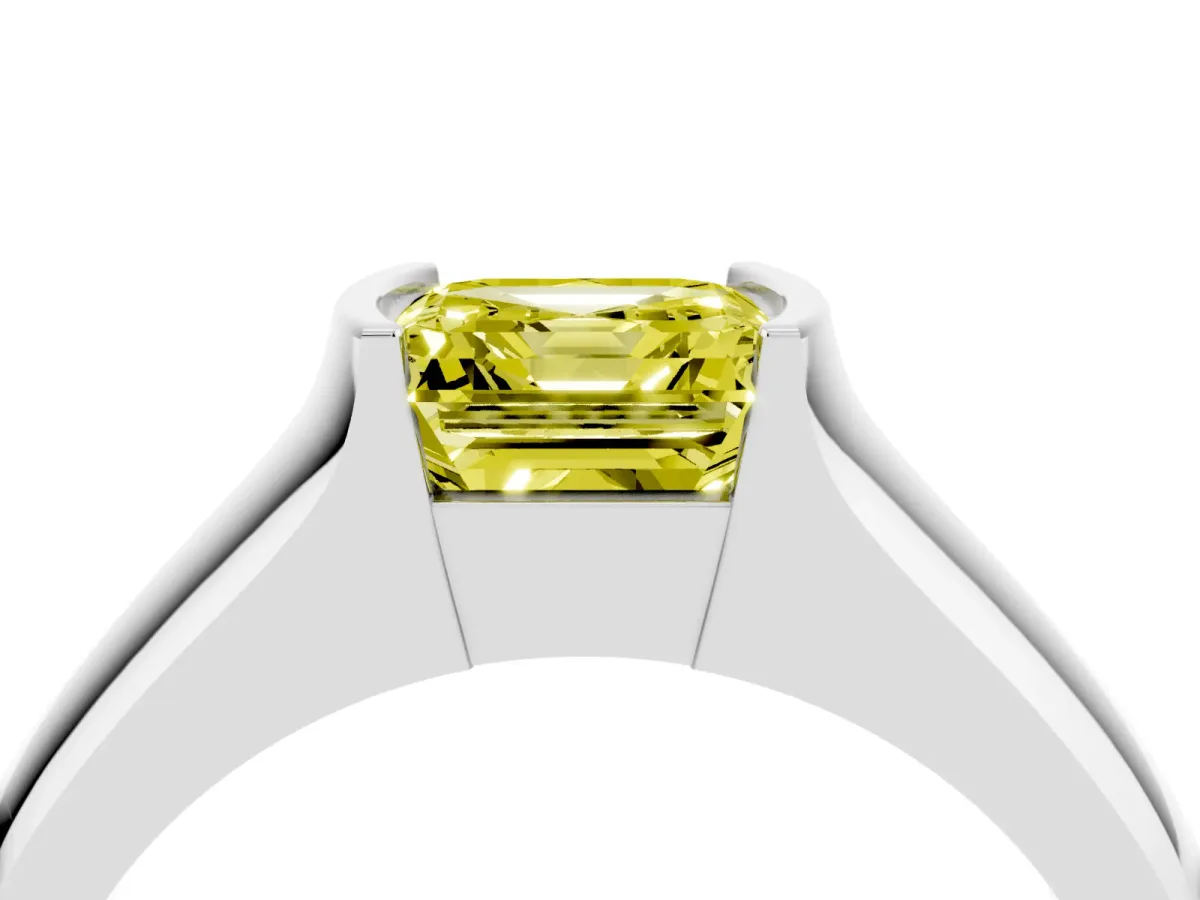 Fancy Yellow Asscher Cut Solitaire Bezel Set Diamond Ring with Wide Band Platinum