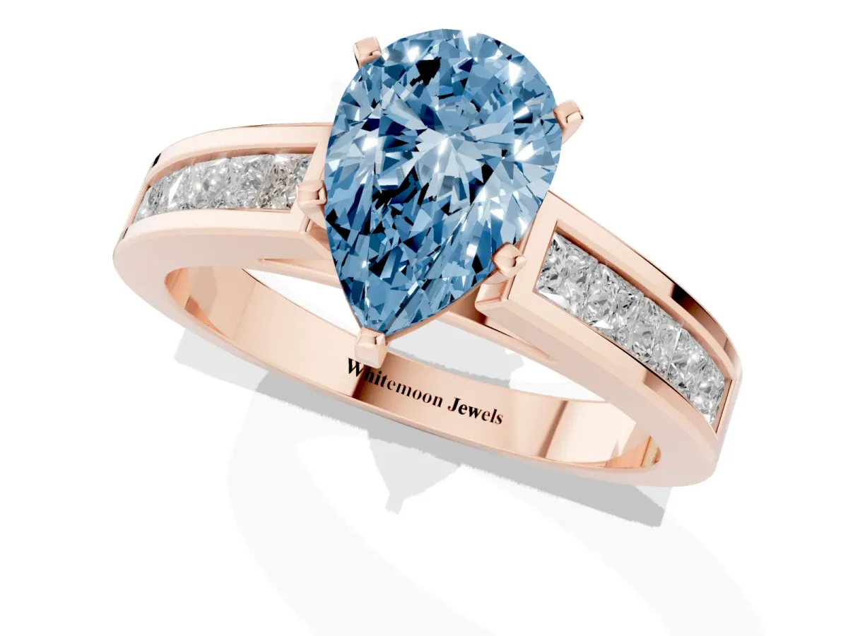 Fancy Blue Pear Cut Solitaire Diamond Ring with Channel-Set Band and Four-Prong Setting Rose gold